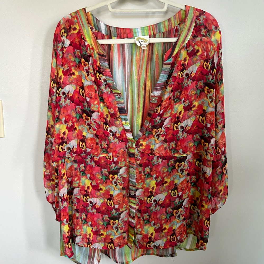Anthropologie Fig & Flower Floral and striped Multicolor Women's Top in 2x
